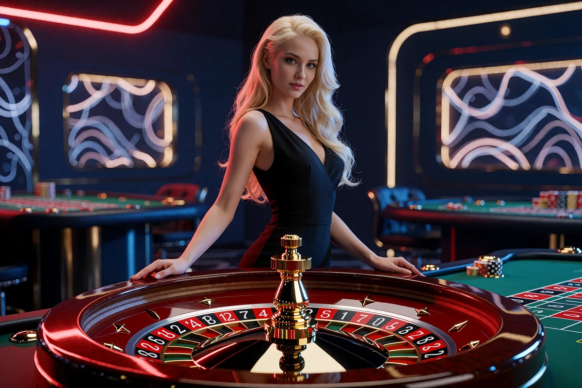 Krupierka w czarnej sukni przy kole ruletki w studiu live casino OnlySpins