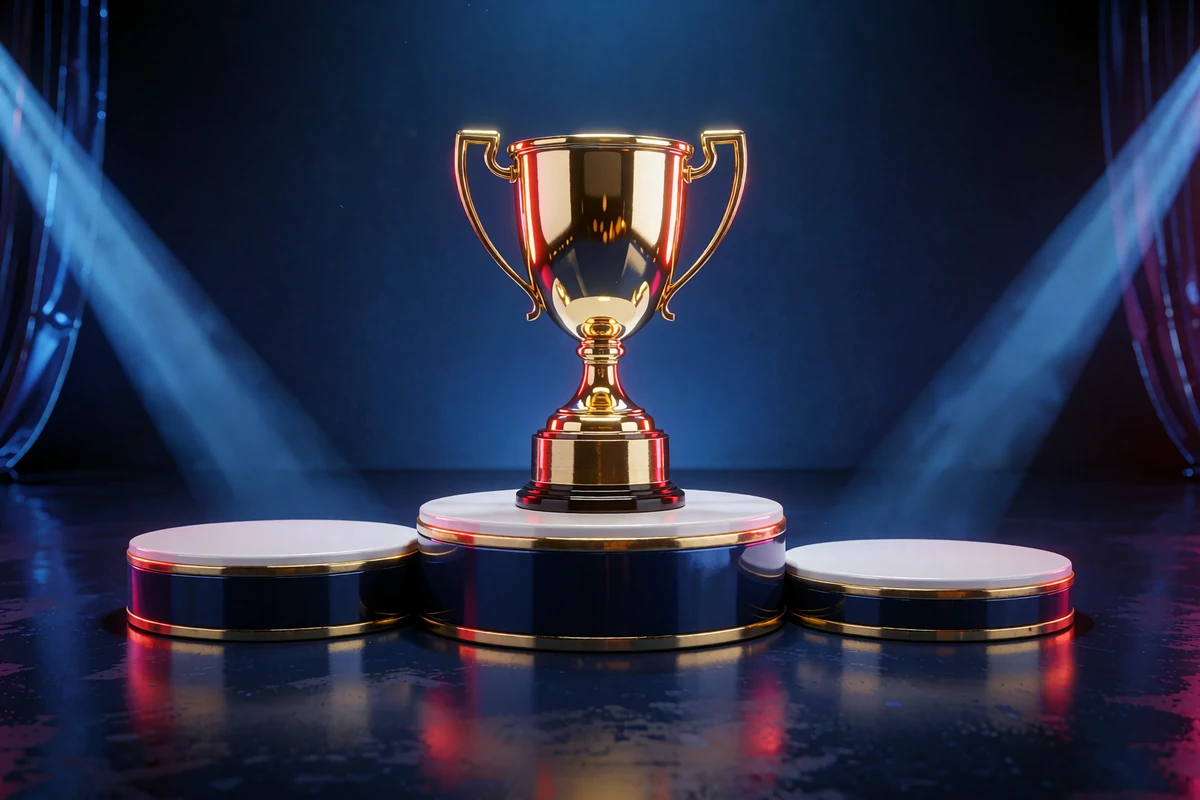 Złote trofeum na granatowo-złotym podium w świetle reflektor&oacute;w - program VIP OnlySpins