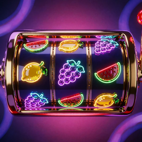 Neonowy automat owocowy z symbolami cytryny, winogron i arbuza w fioletowej poświacie