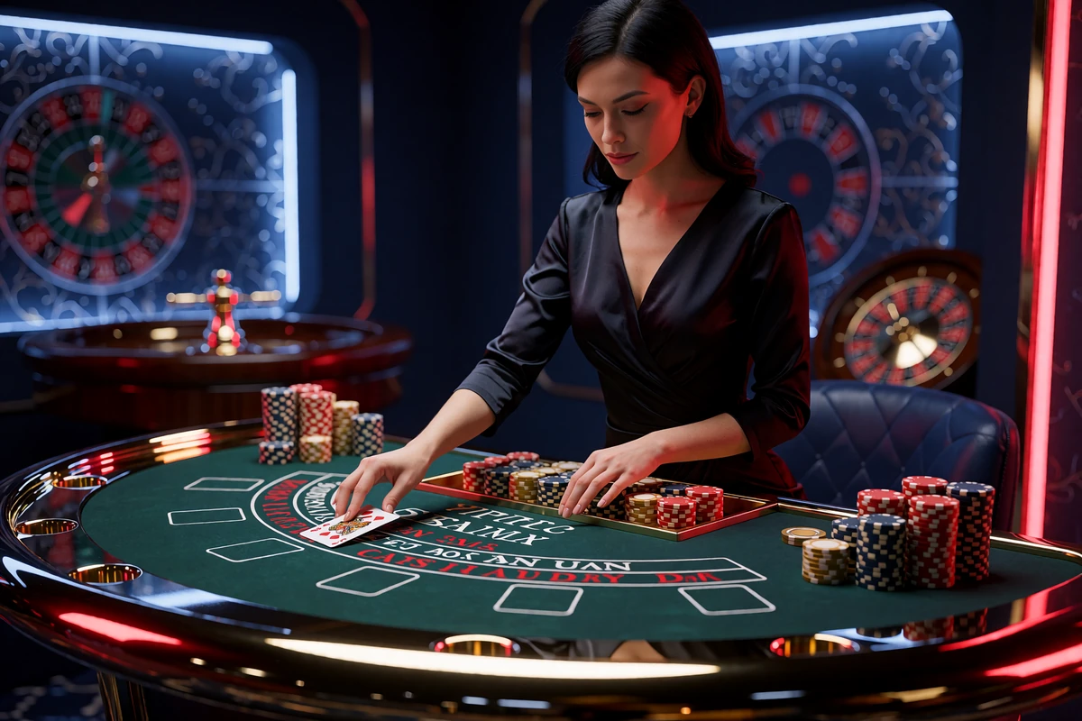 Krupierka w czarnej sukni rozdająca karty przy stole blackjack w studiu live casino OnlySpins