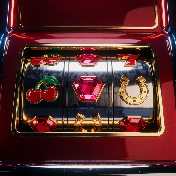 Czerwony automat online z symbolami wiśni, rubinu i podkowy - Ruby Reels w OnlySpins Casino