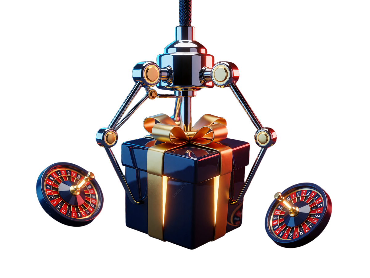 Chromowany szpon automatu chwytający granatowe pudełko ze złotą wstążką - mechanika Bonus Crab